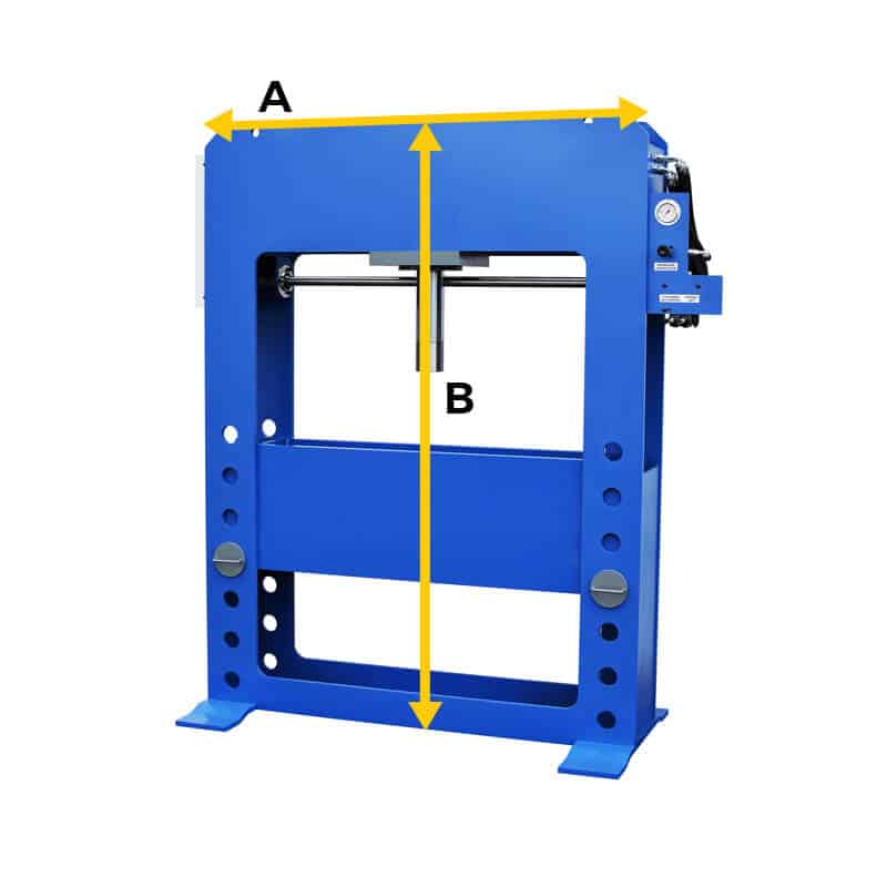measure the width of your hydraulic press (A on image) as well as the its height (B on image) from press top to the floor