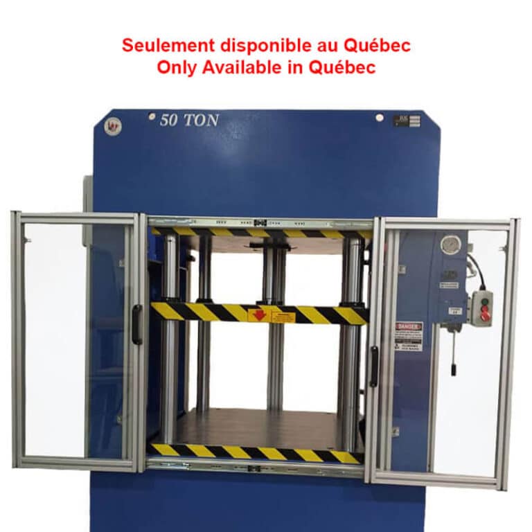 Image d'un système sur mesure en extrusion d'aluminium installé sur une presse hydraulique. Mention : Seulement disponible au Québec / Only Available in Québec