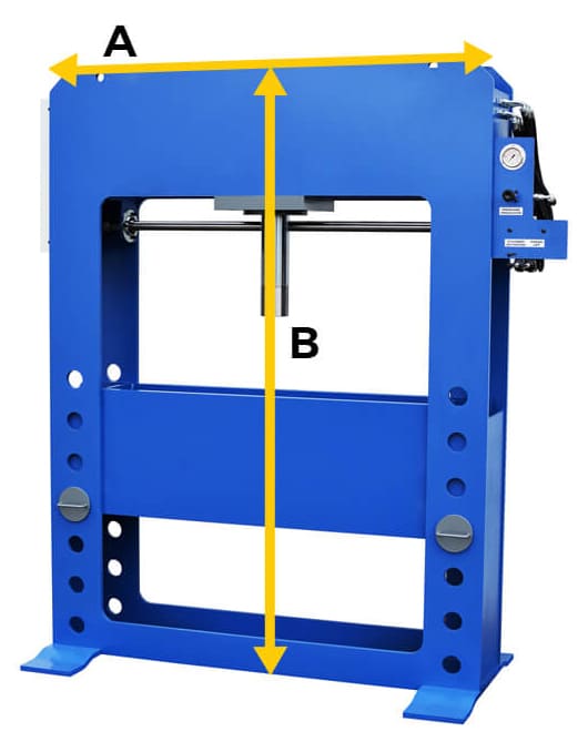 Measure the width of your hydraulic press (A on image) as well as its height (B on image) from press top to the floor